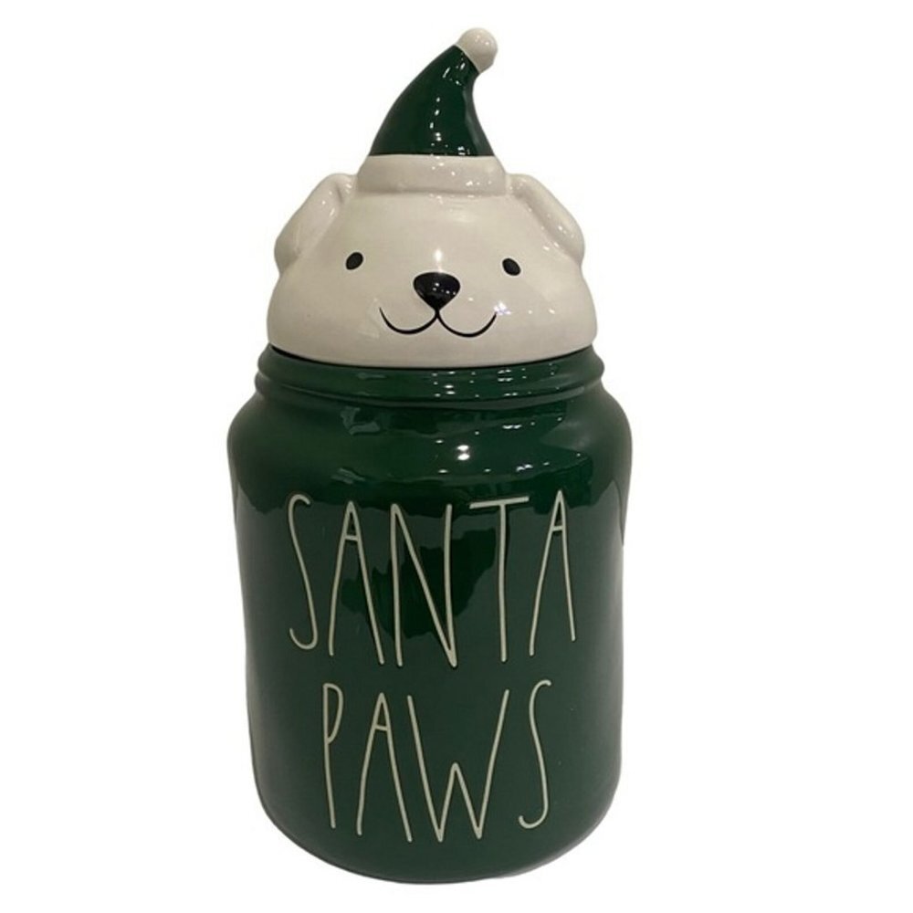 Rae Dunn Santa Paws Christmas Dog Green White Ceramic Cannister - Holiday Decor